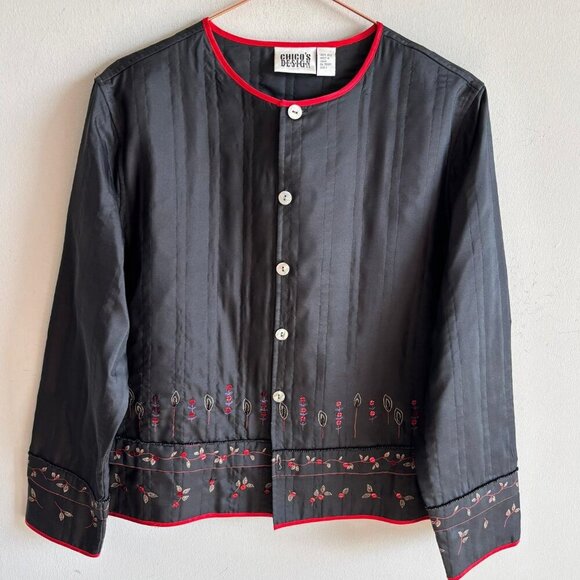 Chico's Design Womens India Embroidered Beaded Button Jacket Black Red Size 1 - Picture 1 of 13